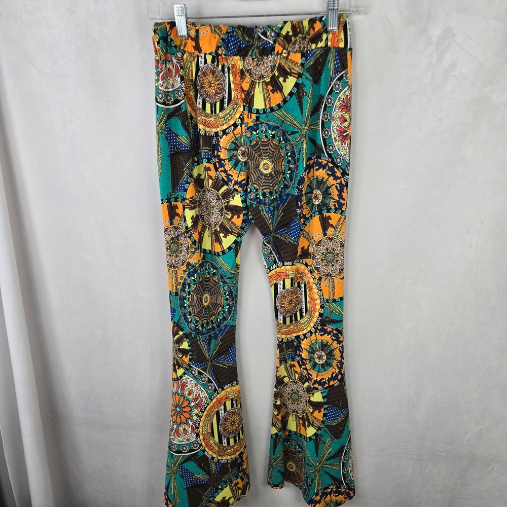 Topia Women Multi Color Medallion Boho Flare Leg Bell Bottom Pants M Stretch USA - Picture 2 of 9
